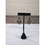 Vintage Filigree Dangle Earrings Diamond Floral Drop Brass Tone