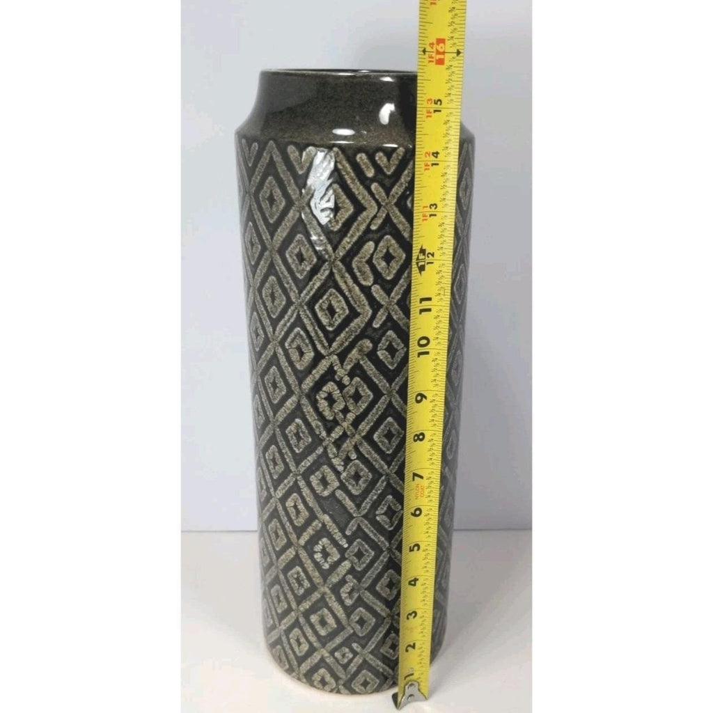 Vintage Black White Diamond Glass Vase Tall 15.6" Geometric Pattern
