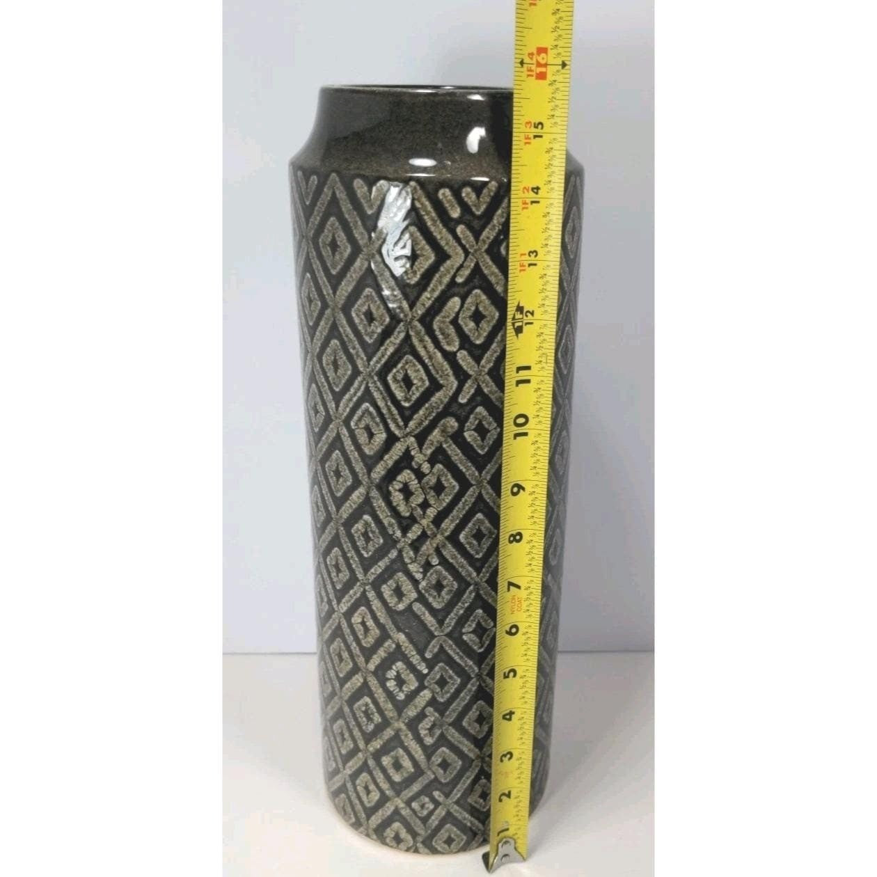 Vintage Black White Diamond Glass Vase Tall 15.6" Geometric Pattern