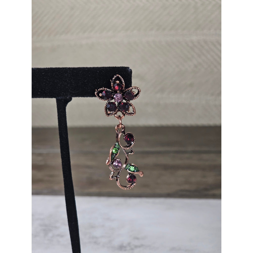 Vintage Butterfly Necklace Earring Set Purple Green Floral Gold Tone