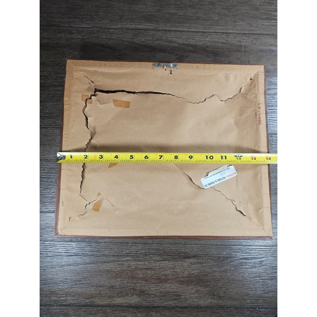 Vintage Framed Winter Landscape Print Signed, Rustic Wood Frame 14x13