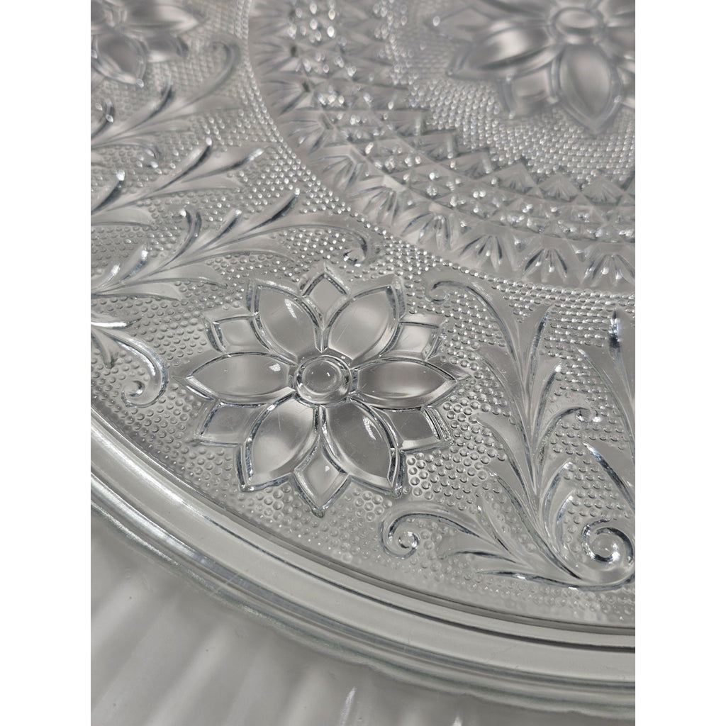 Vintage Pressed Glass Floral Cake Stand Round Serving Tray 13 Inch