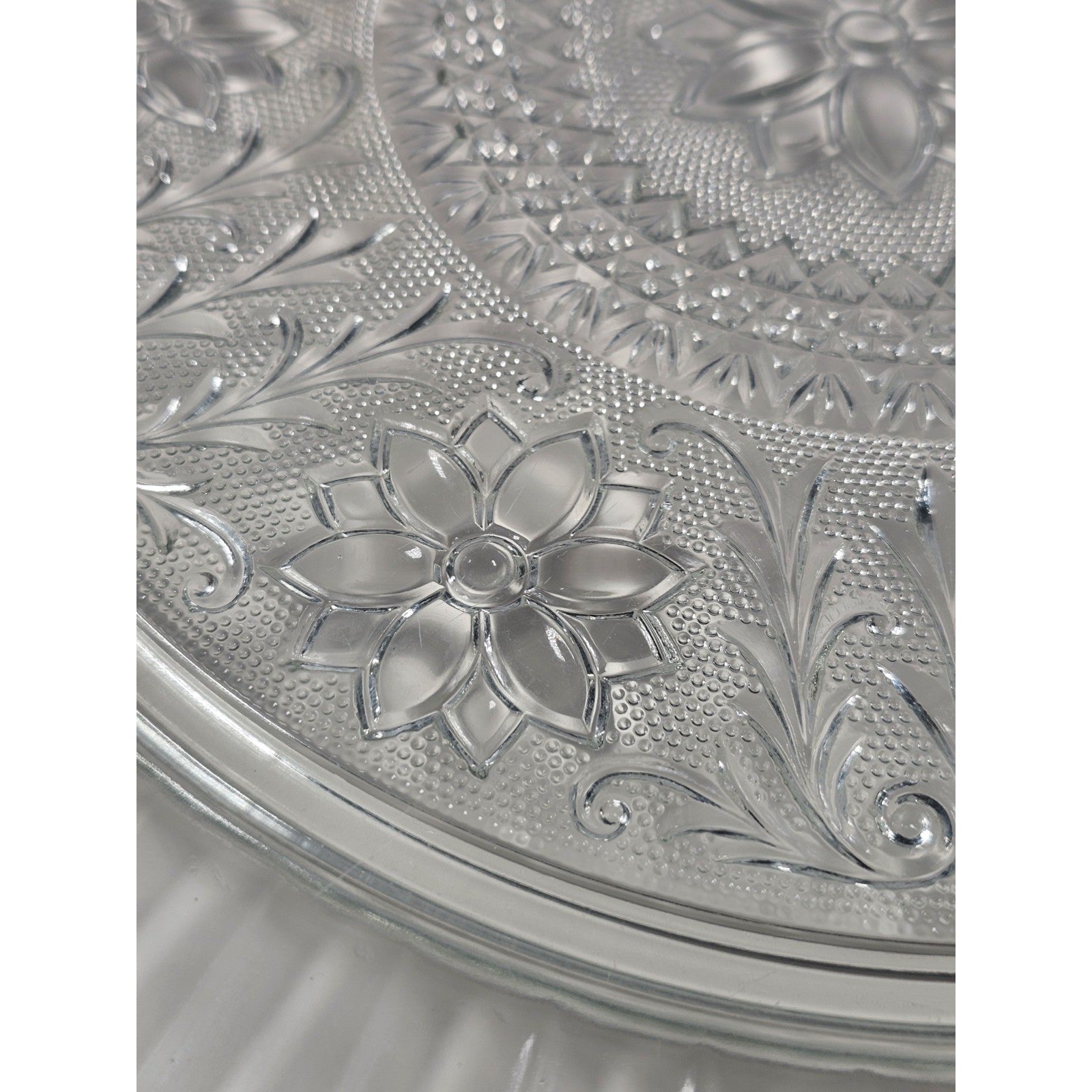 Vintage Pressed Glass Floral Cake Stand Round Serving Tray 13 Inch