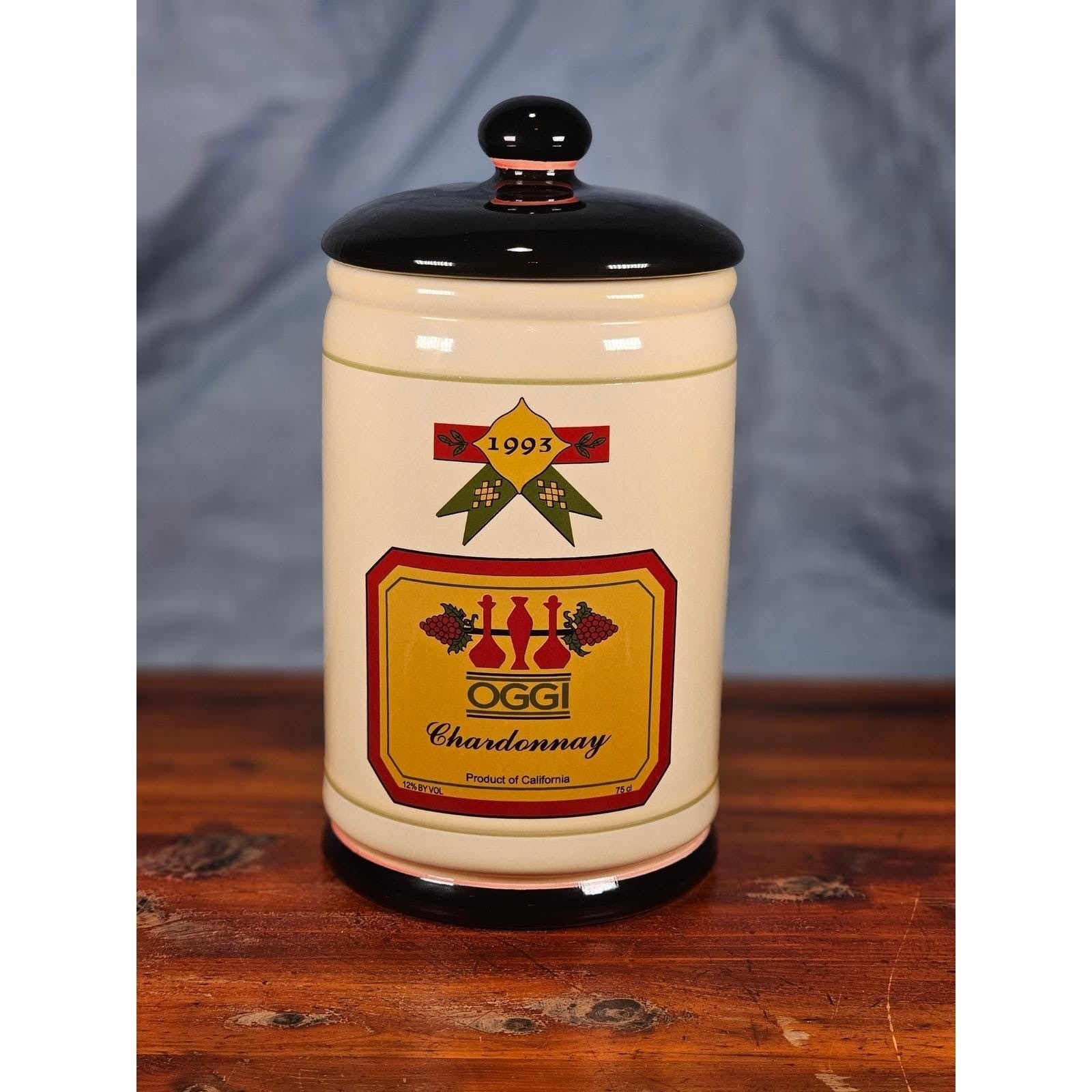 Vintage OGGI Chardonnay Wine Ceramic Canister With Lid 10 In