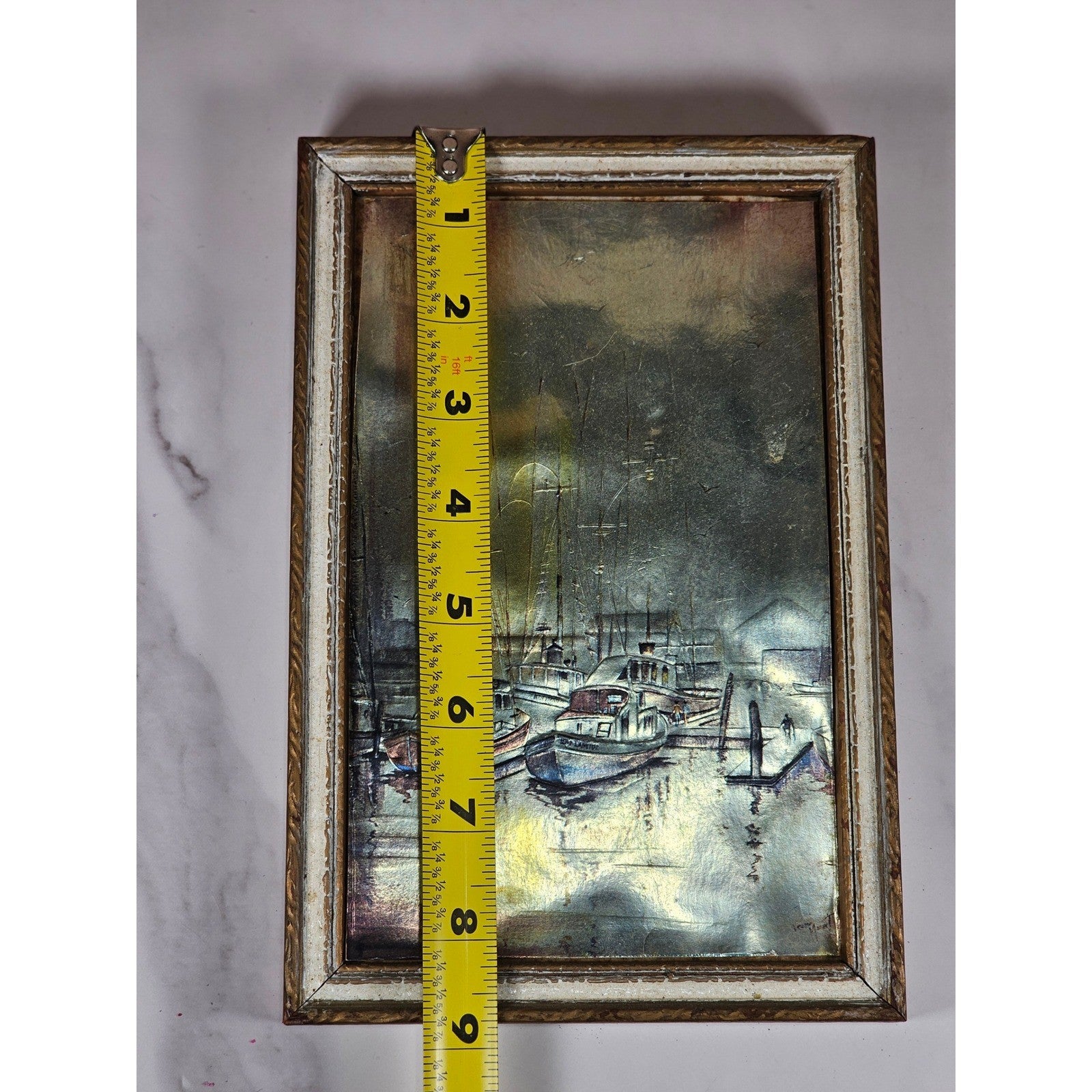 Vintage Framed Harbor Artwork – 9"x6" – Aged Patina – Nautical Wall Decor