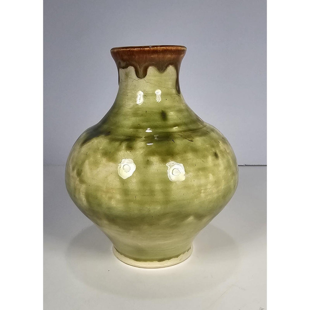Green & Brown Drip-Glaze Pottery Vase • 5″ x 4.5″ Rustic Earth-Tone