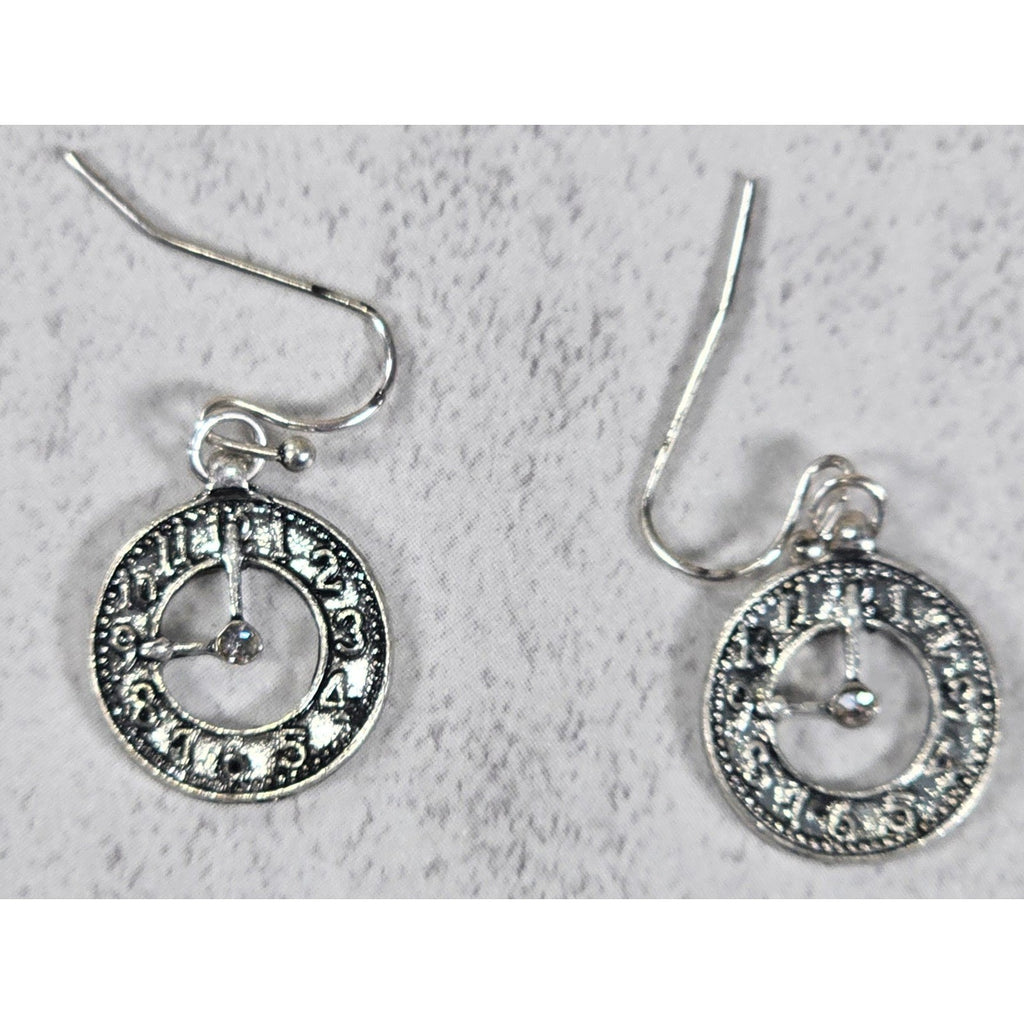 Vintage Clock Face Drop Earrings Silver Tone Dangle Jewelry