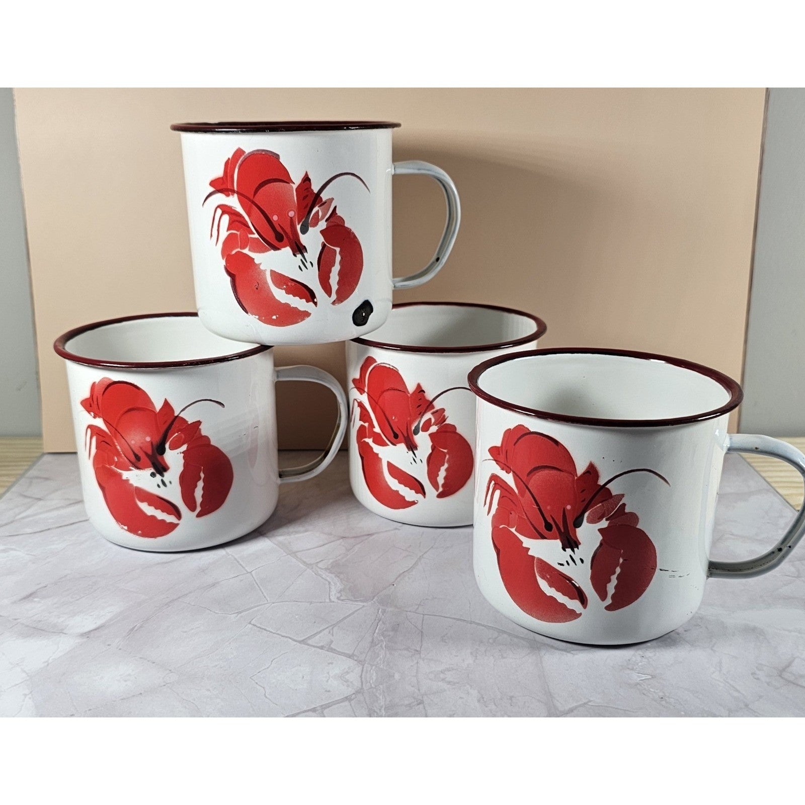 Vintage Lobster Handle Enamel Camp Mugs Set of 4 16oz Rustic Outdoor Kitchen