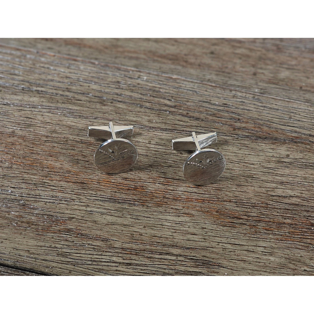 Vintage Silver Tone Round Cufflinks Leaf Engraved Design