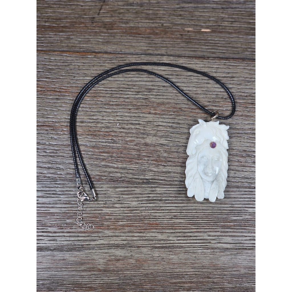 Vintage Buffalo Bone Carved Pendant Necklace Native Style 2.5 Inch