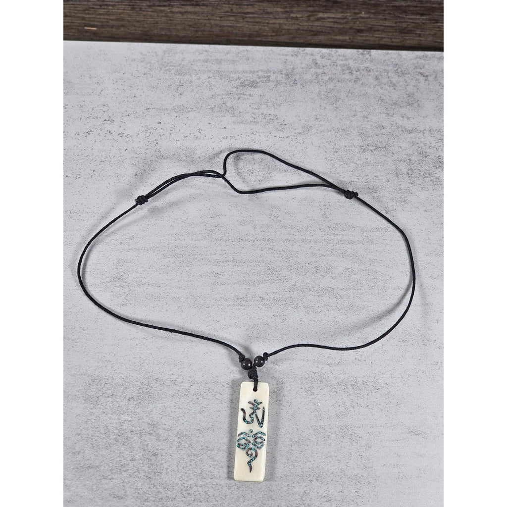 Vintage Carved Om Pendant Necklace Turquoise Inlay Rectangular