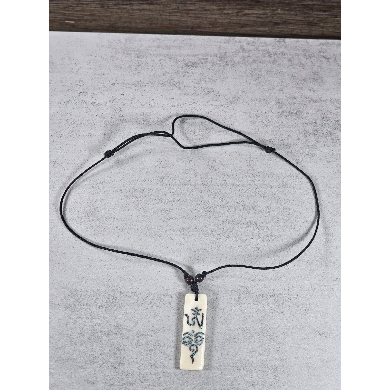 Vintage Carved Om Pendant Necklace Turquoise Inlay Rectangular