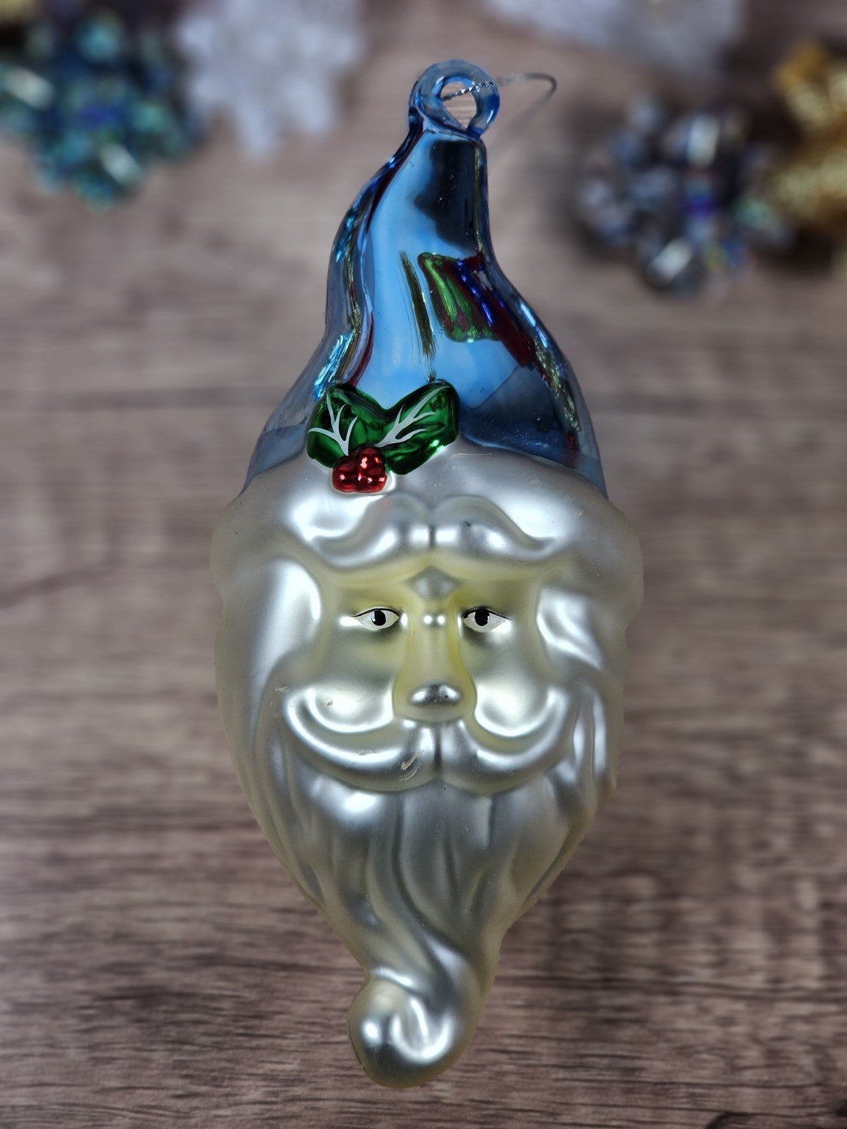 Vintage 70s Handblown Glass Santa Ornament With Blue Hat & Holly