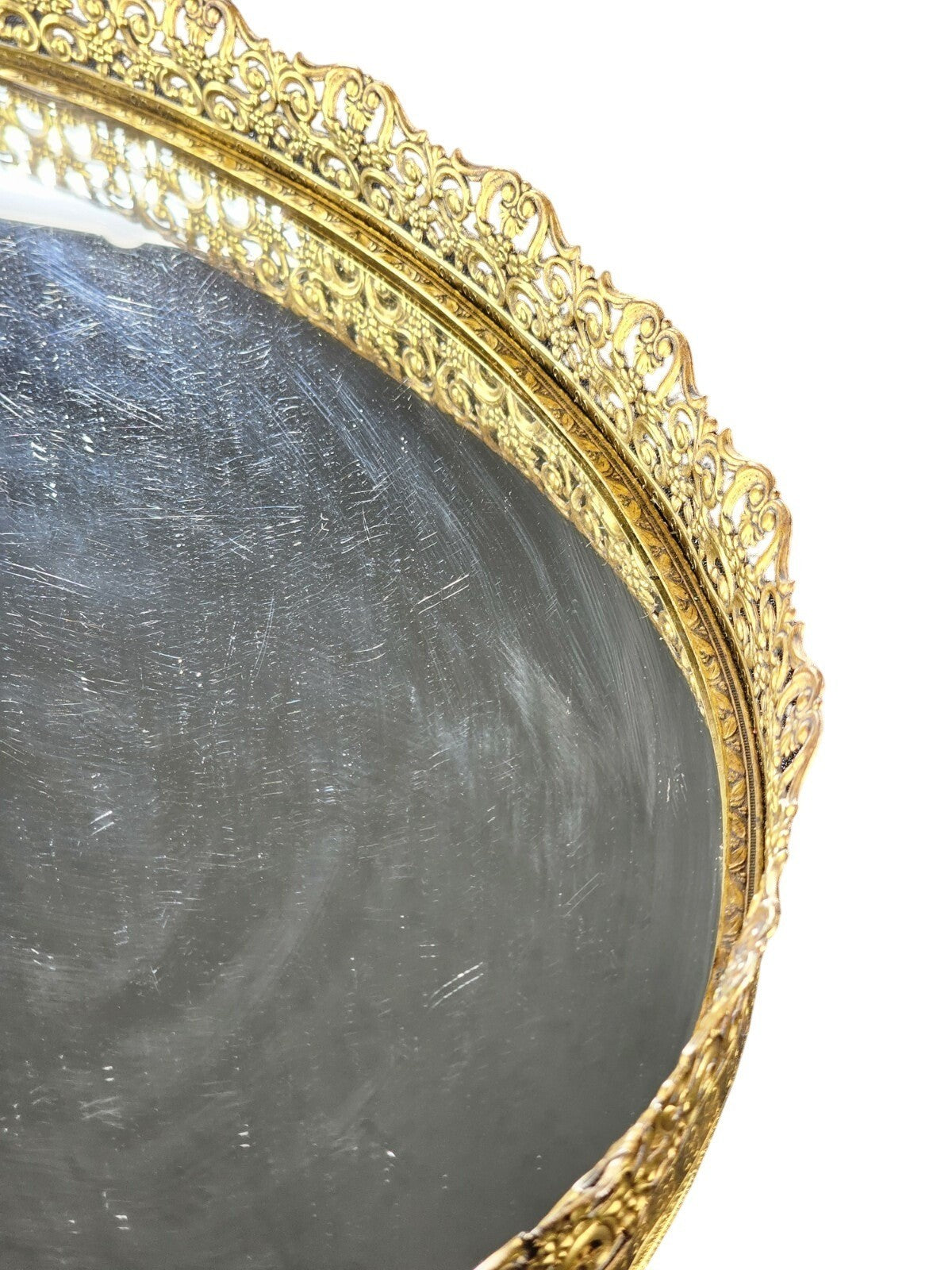 Vintage Oval Mirror Vanity Tray With Ornate Gold Filigree Design