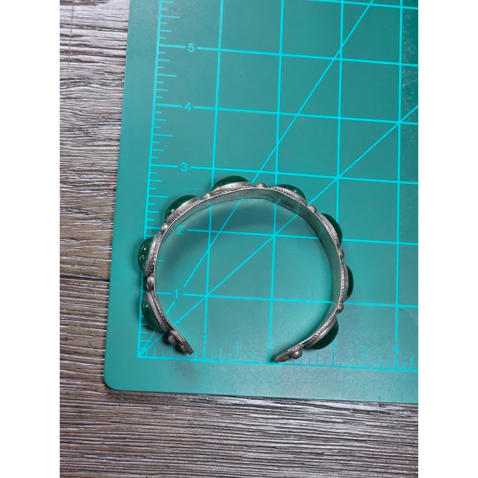 Vintage Green Cabochon Cuff Bracelet Silver Tone Statement