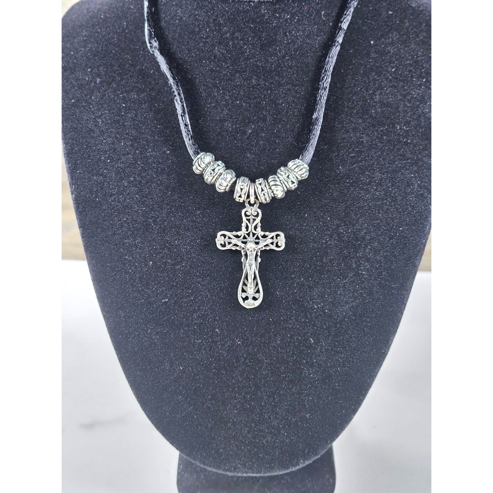 Vintage Silver Tone Cross Necklace Black Cord Beaded Accent