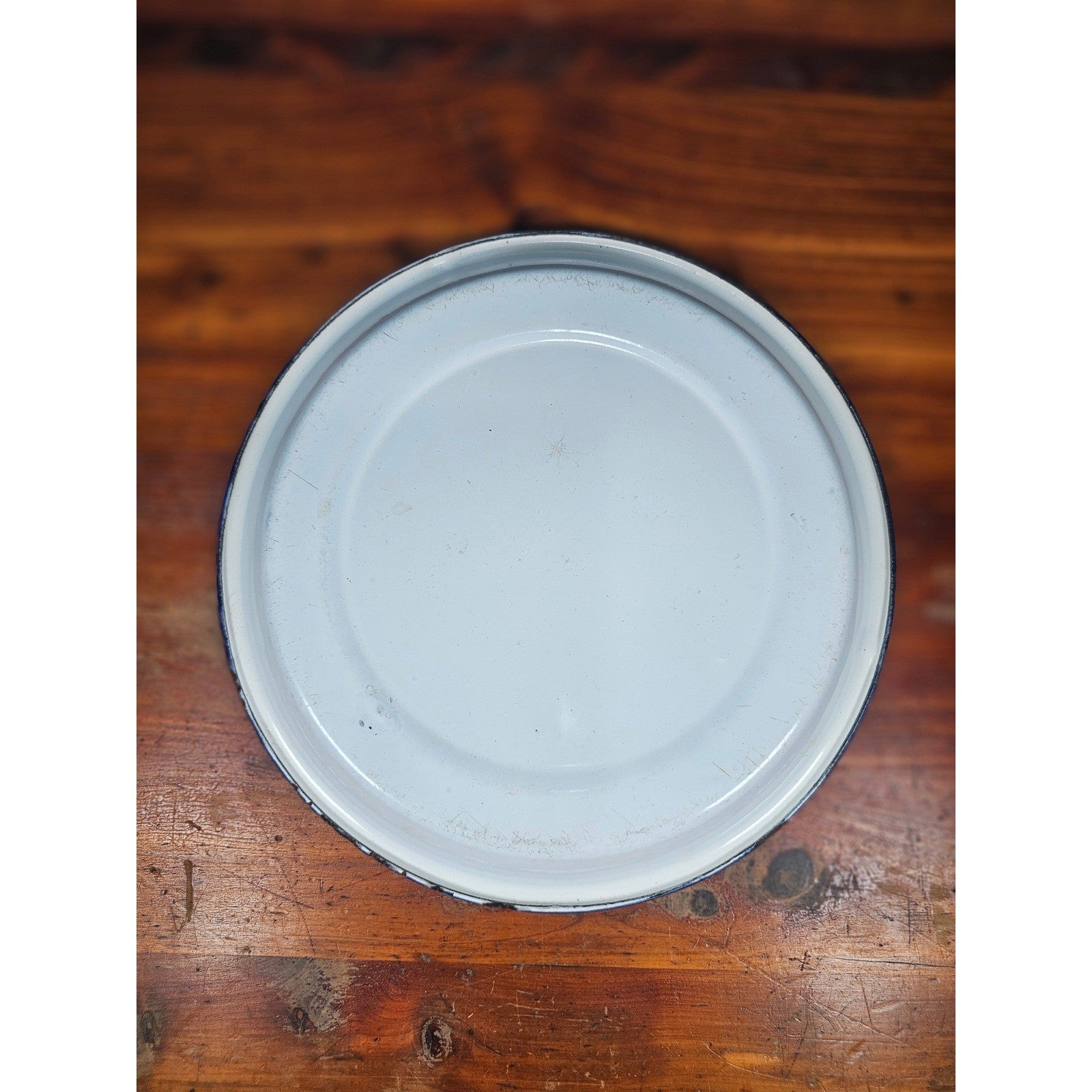 Vintage White Enamel Plate with Blue Rim | Farmhouse Kitchen Decor | 9 Inch