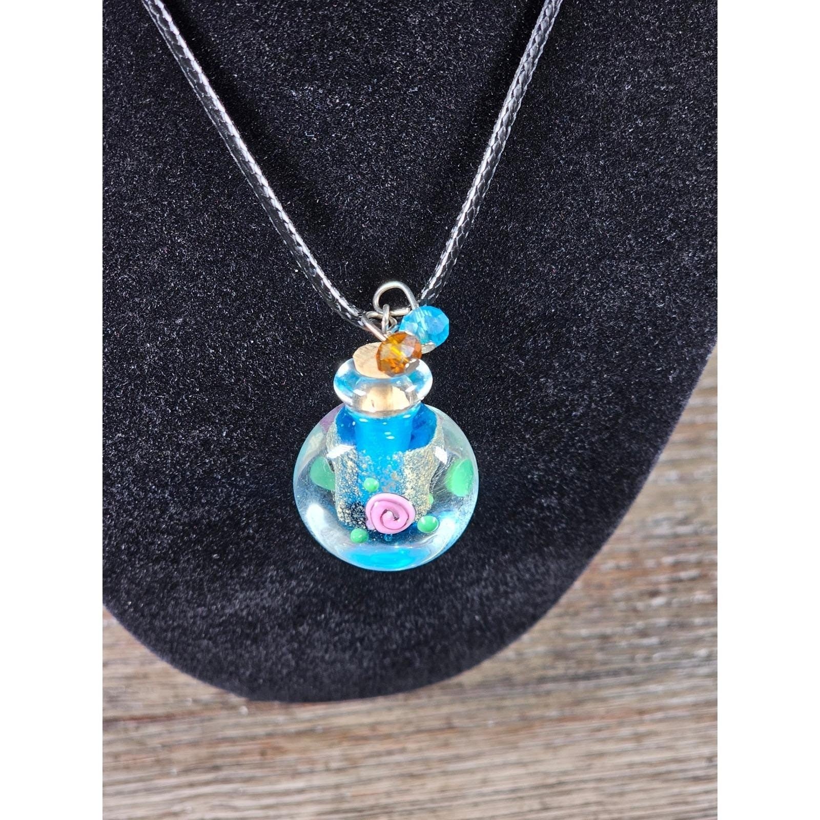 Glass Vial Pendant Necklace with Cork Stopper on Black Cord