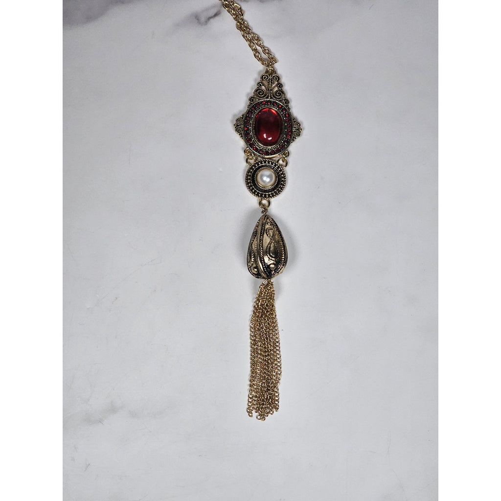 Vintage Gold Tone Red Cabochon Necklace with Faux Pearl Tassel Pendant