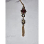 Vintage Gold Tone Red Cabochon Necklace with Faux Pearl Tassel Pendant