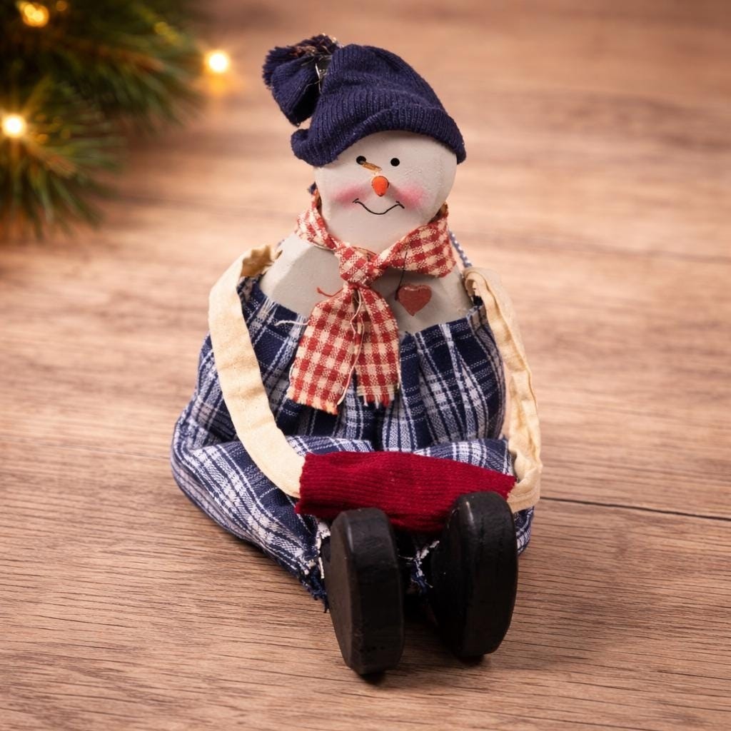 Snowman Figurine Vintage 1980s Fabric Wood Christmas Decor