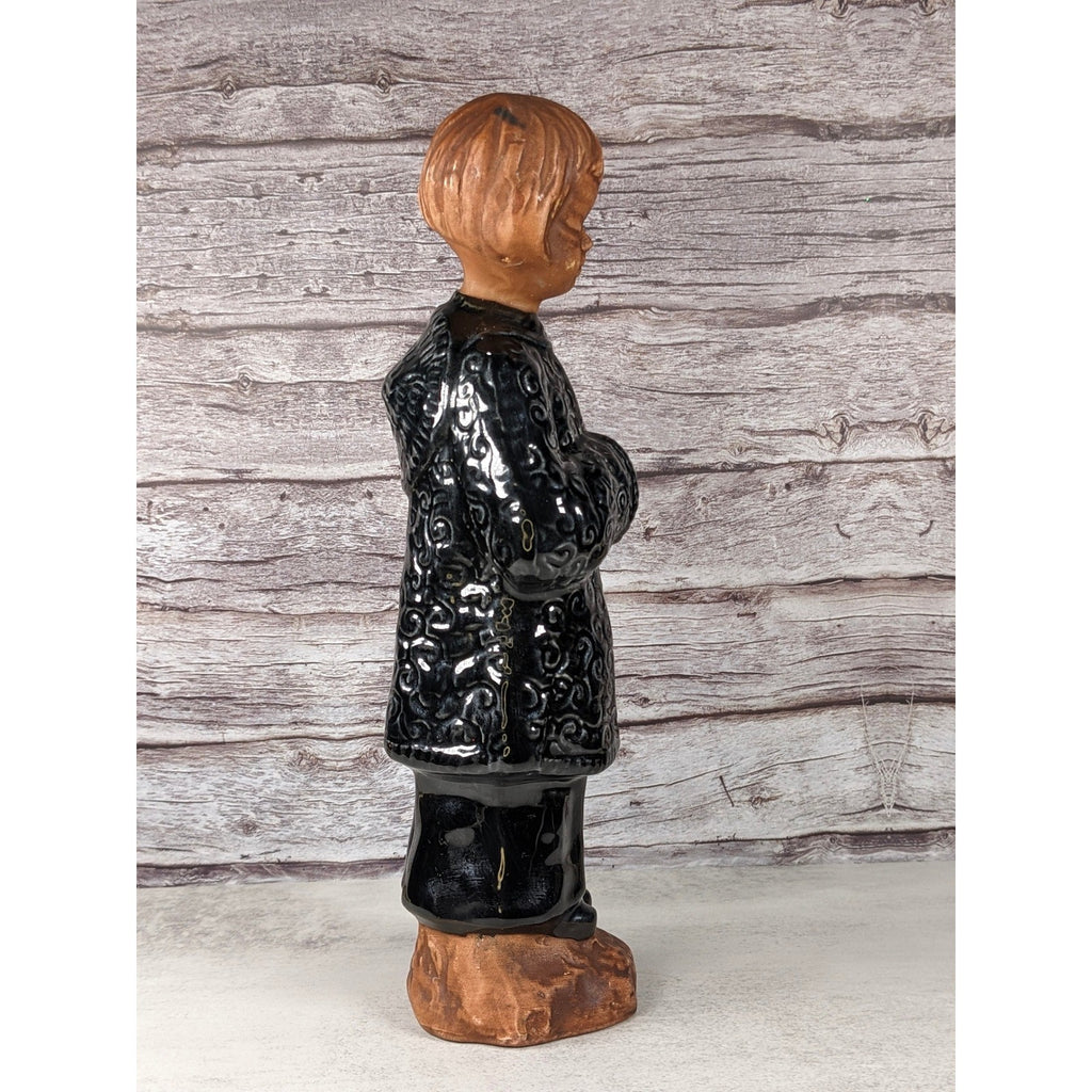 Vintage Ceramic Child Figurine Black Embossed Coat 9.5 Inch Statue