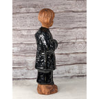 Vintage Ceramic Child Figurine Black Embossed Coat 9.5 Inch Statue