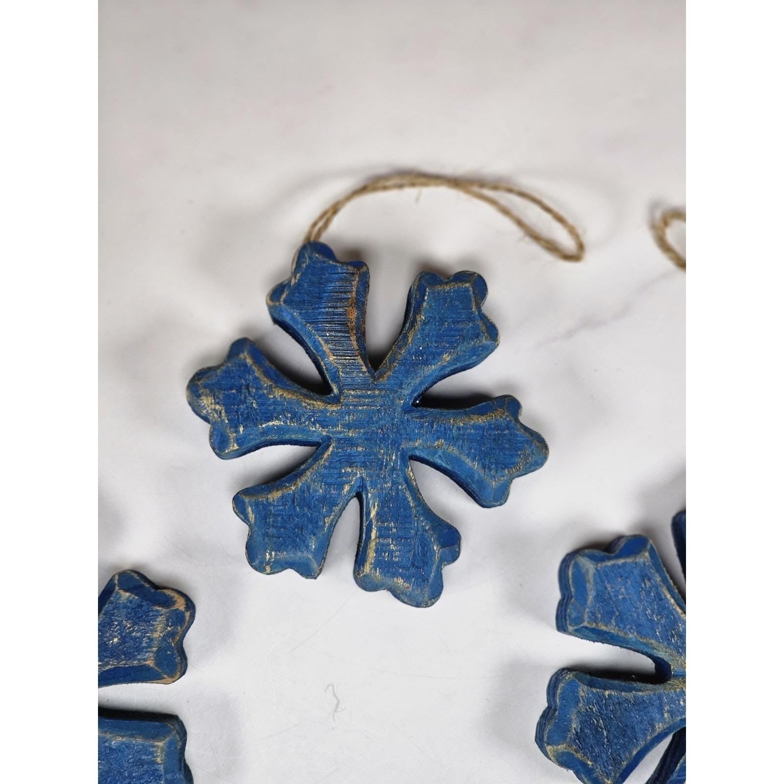 Rustic Blue Snowflake Ornaments Set of 3 Wood Farmhouse Christmas Decor