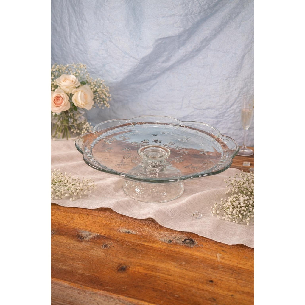 Vintage Clear Glass Cake Stand Floral Embossed Pedestal Dessert Plate