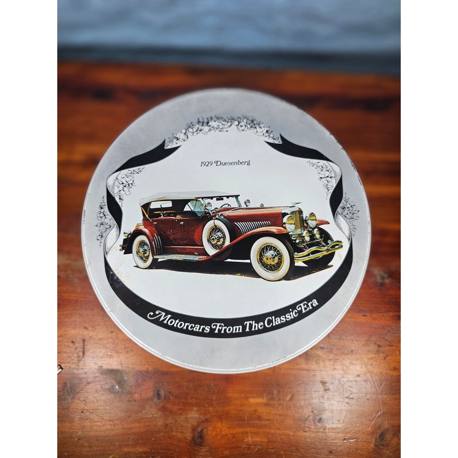 Vintage Classic Car Cookie Tin Empty Round Metal Motorcars from the Classic Era