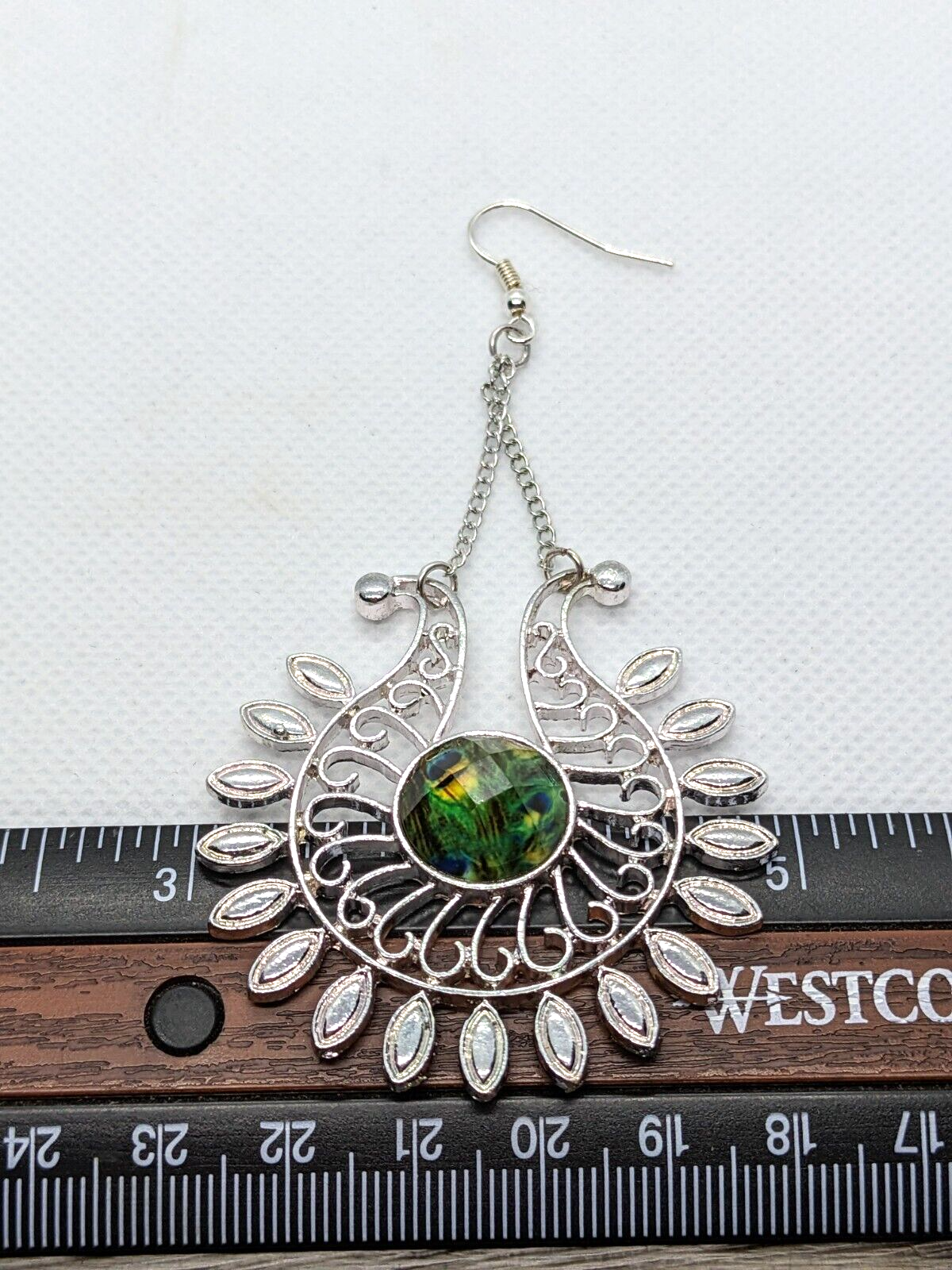 Silver Plated Peacock Feather Acrylic Eye Dangle Drop Earrings