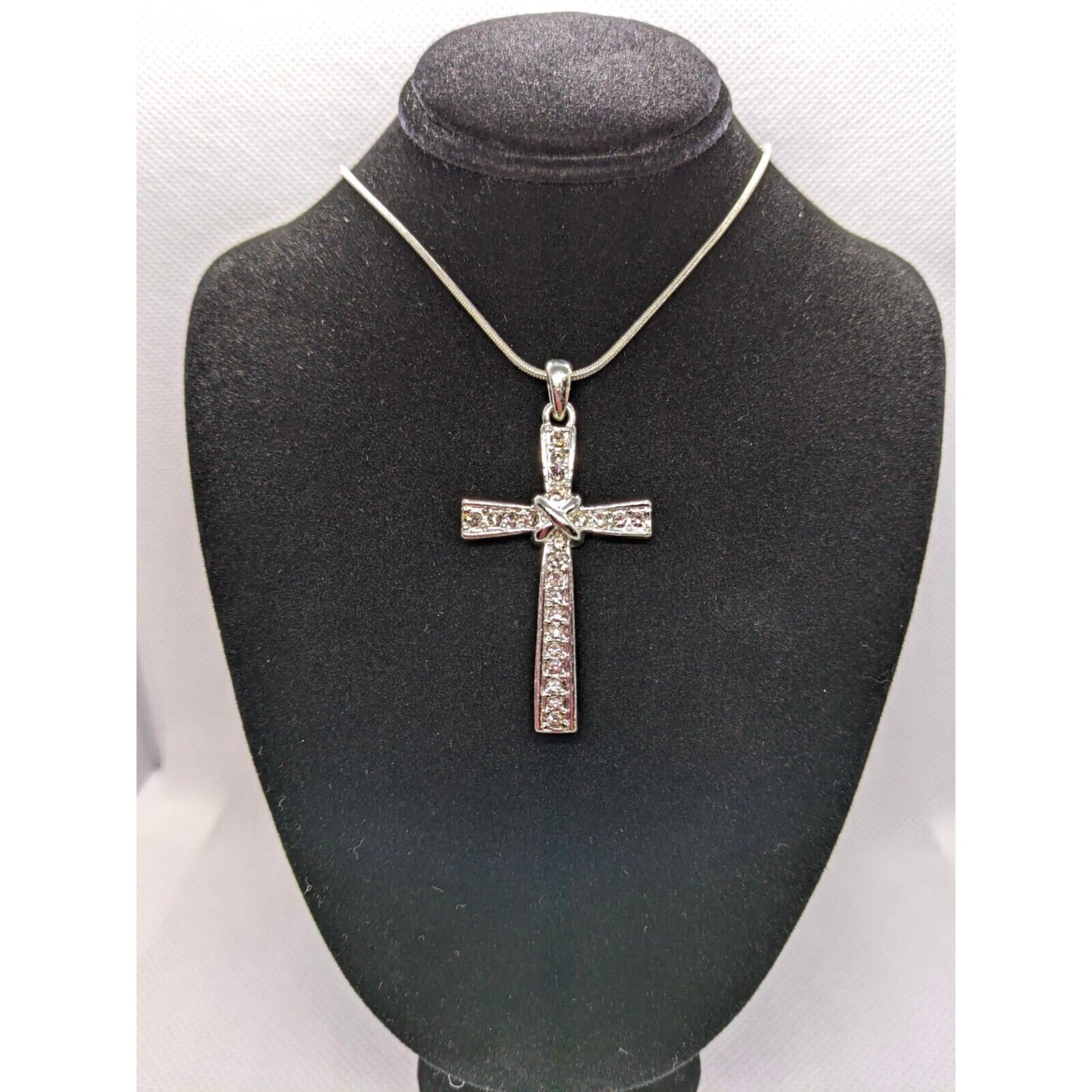 BMNY Silver Plated CZ Cross Necklace 18 Inch Chain Religious Jewelry