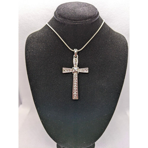 BMNY Silver Plated CZ Cross Necklace 18 Inch Chain Religious Jewelry