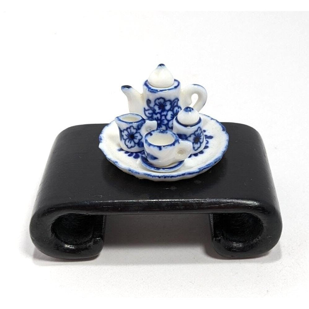 Dollhouse Miniature Coffee Set Blue White Ceramic 1:12 with Stand