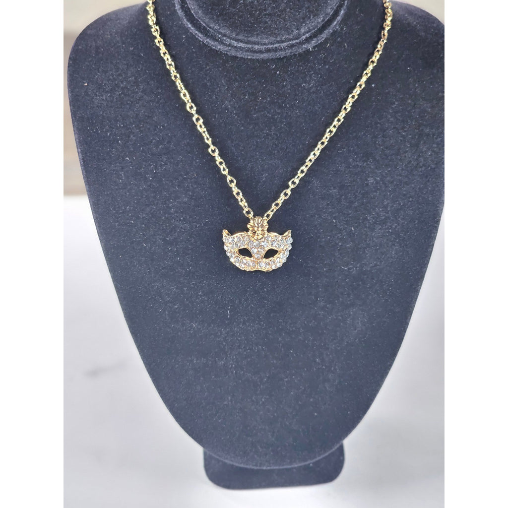 Gold Tone Rhinestone Mask Necklace Mardi Gras Pendant