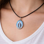 Vintage Blue Madonna Pendant Necklace with Cross Back
