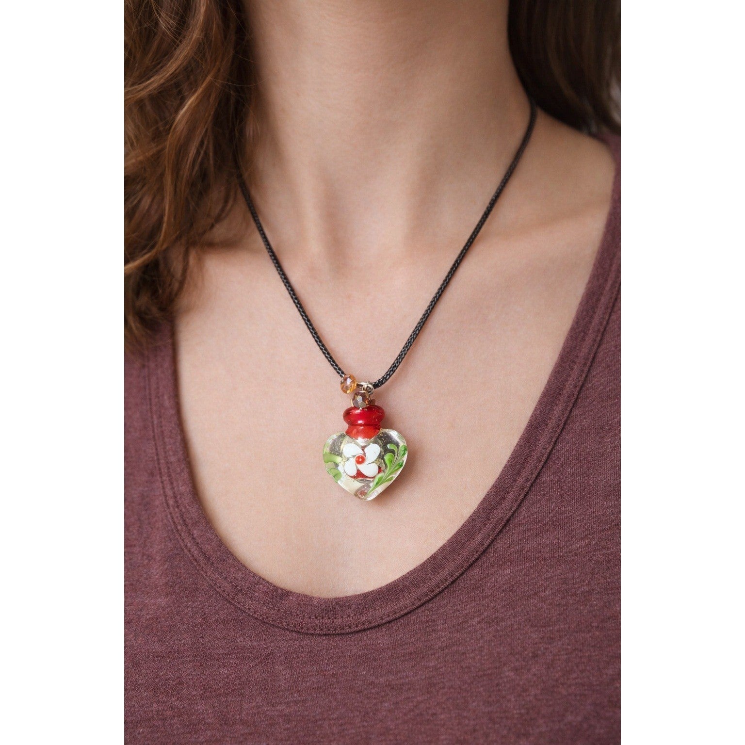 Vintage Handblown Glass Heart Bottle Pendant Necklace with Cork Stopper