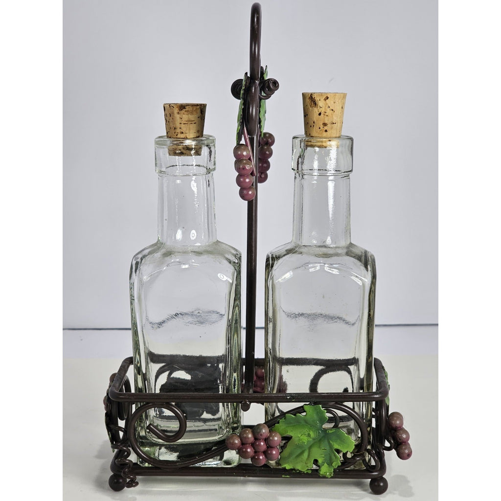 Glass Oil and Vinegar Cruet Set with Cork Stoppers and Metal Grape Caddy