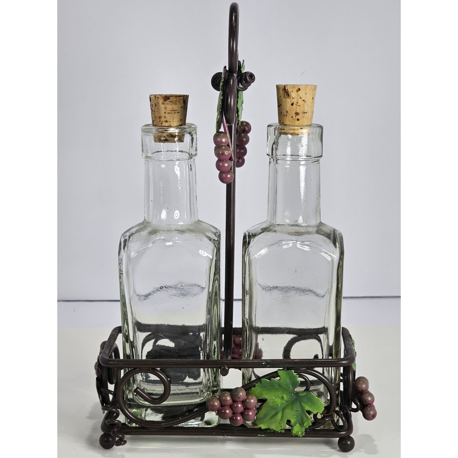 Glass Oil and Vinegar Cruet Set with Cork Stoppers and Metal Grape Caddy