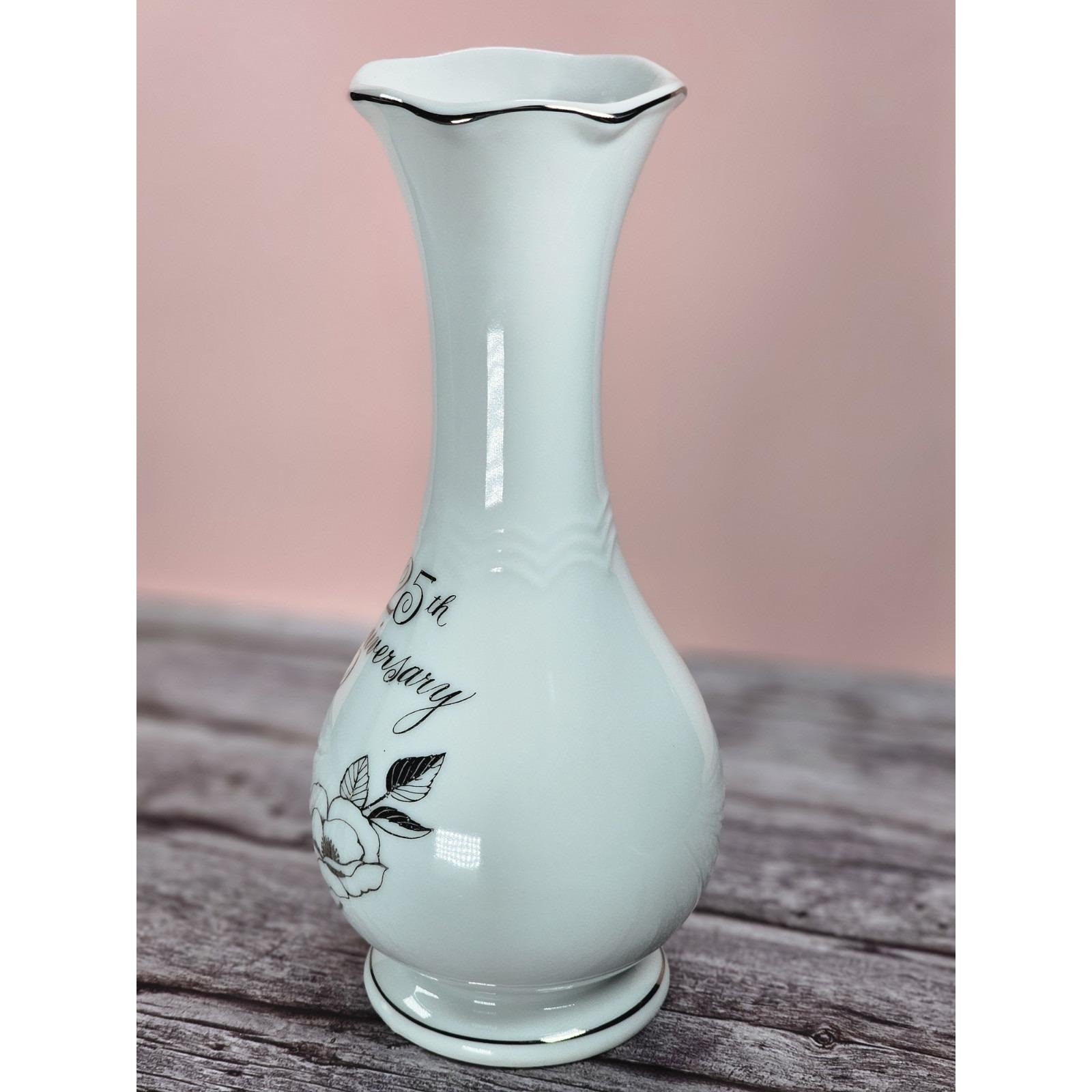 Vintage 25th Anniversary Porcelain Bud Vase with Silver Trim Floral Design