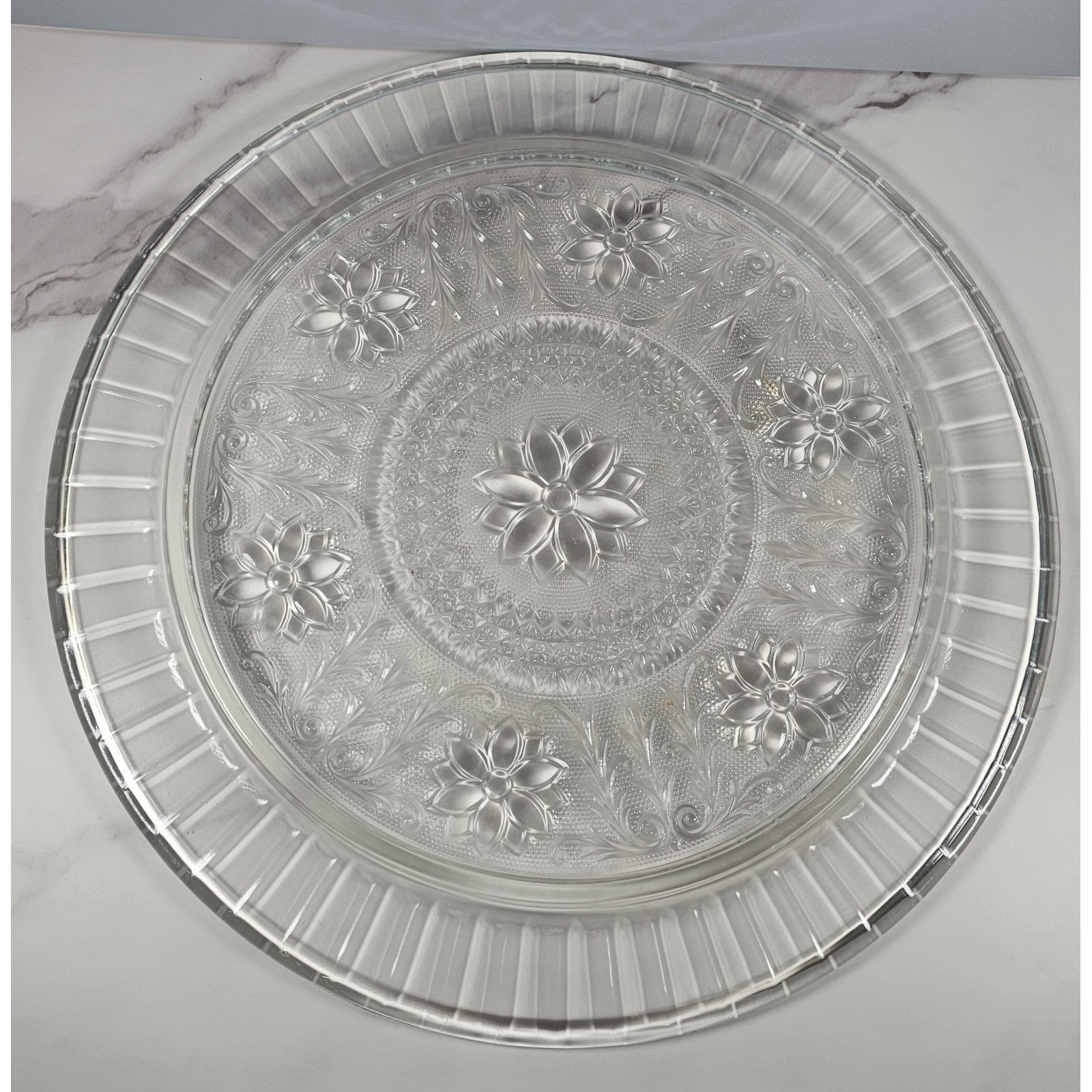 Vintage Pressed Glass Floral Cake Stand Round Serving Tray 13 Inch