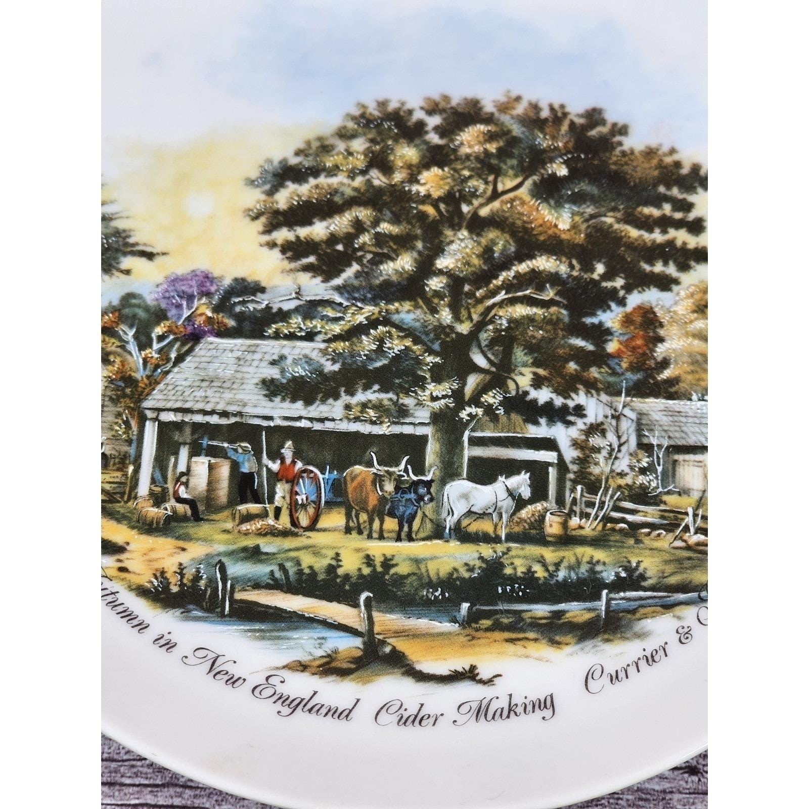 Vintage Currier & Ives Autumn Rural Scene Plate 6.5" Horse Barn Art