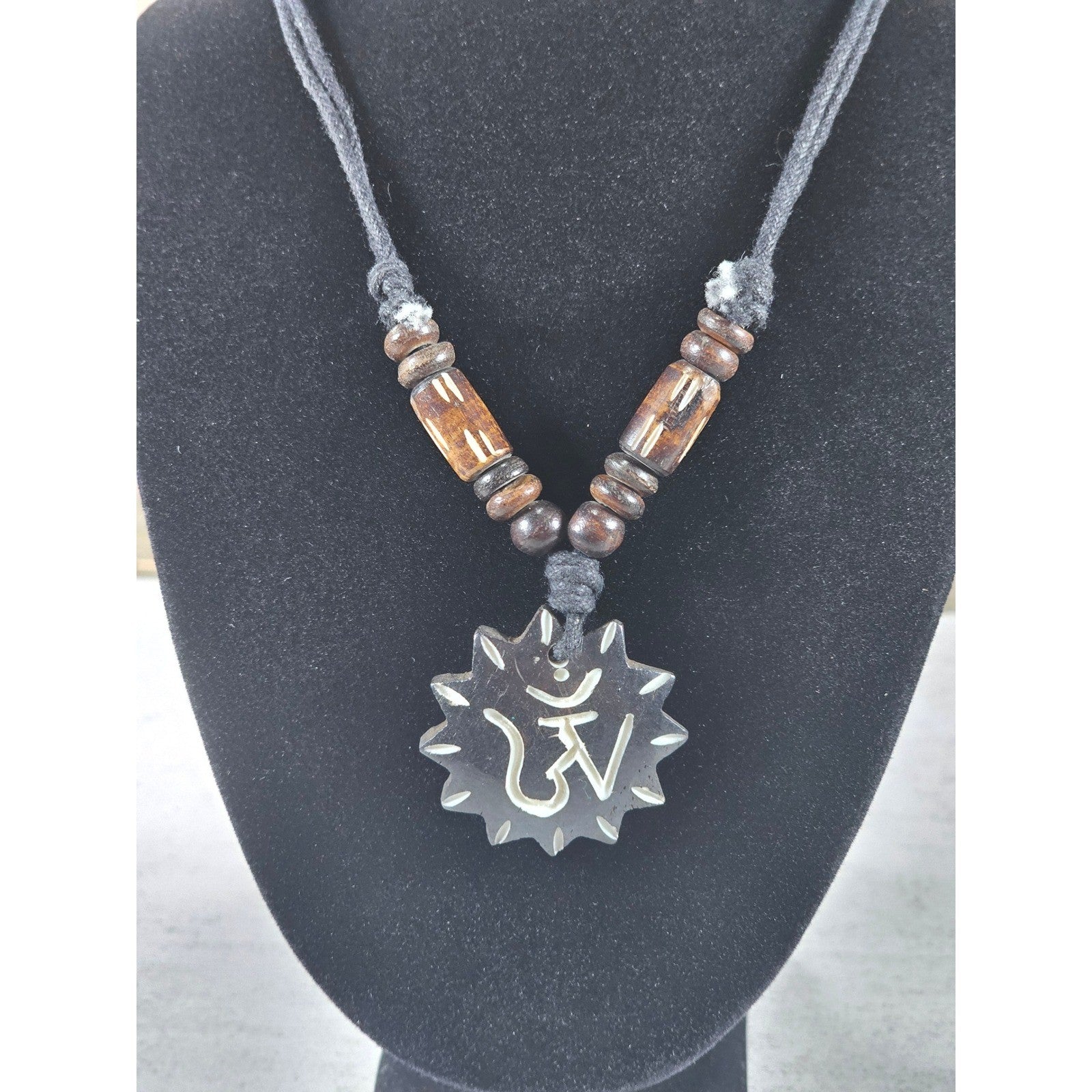 Vintage OM Pendant Necklace Wood Beads Black Cord Spiritual Charm
