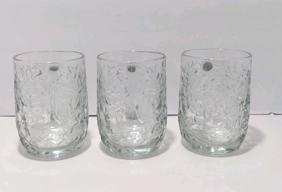 Set of 3 Princess House Fantasia Clear Glass Poinsettia Design Coffee Mug Cup