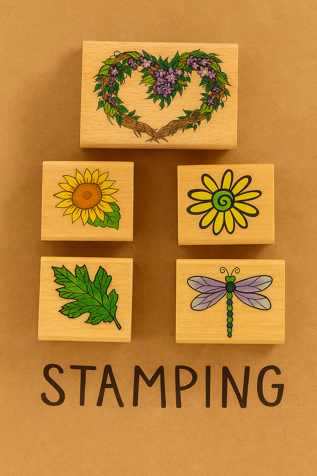 Lot of 5 Wooden Craft Stamps – Dragonfly, Sunflower, Leaf & Floral Heart Nature