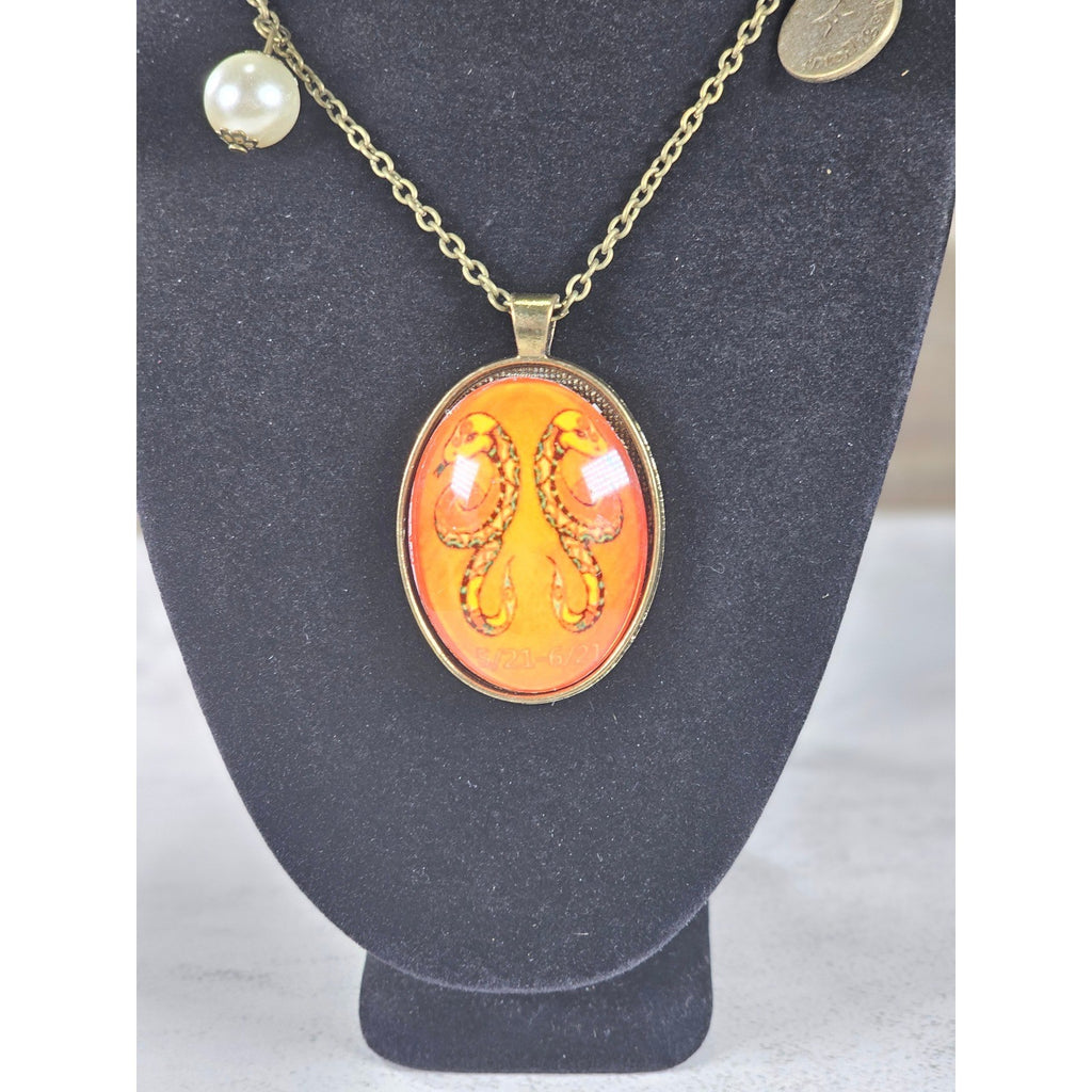 Vintage Gemini Snake Pendant Necklace Orange Zodiac Charm