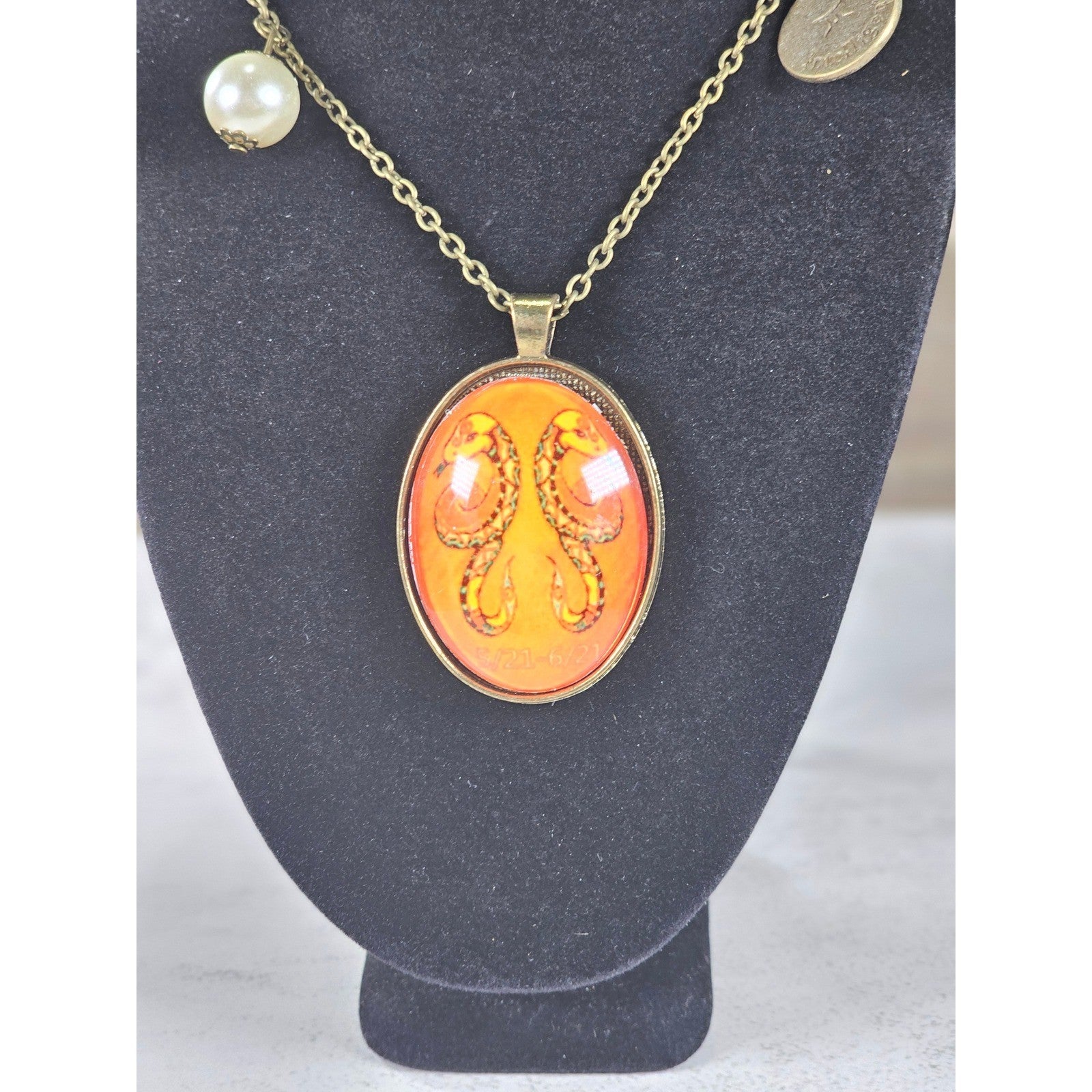 Vintage Gemini Snake Pendant Necklace Orange Zodiac Charm
