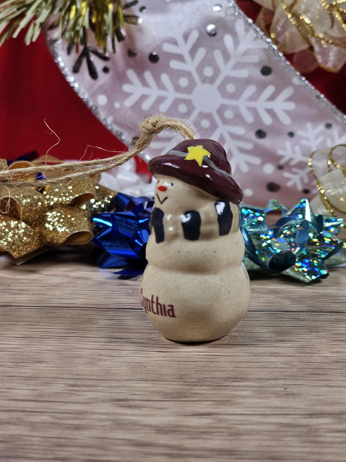 Vintage Snowwoman Christmas Ornament 2" Tall Personalized Name Cynthia Folk Art