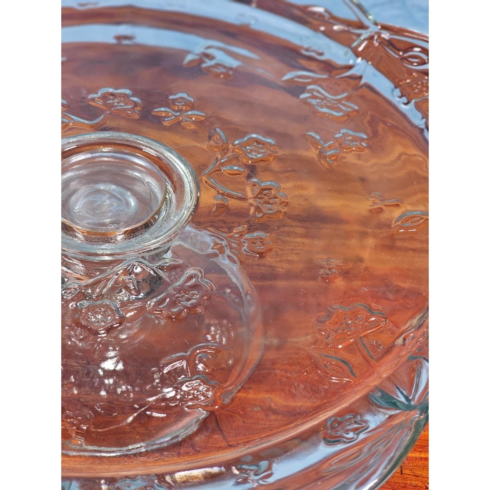 Vintage Clear Glass Cake Stand with Floral Embossed Design