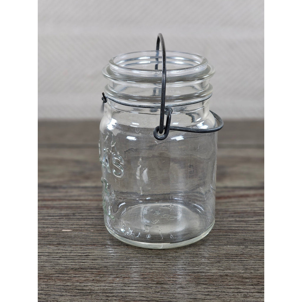 Vintage Atlas E-Z Seal Glass Jar Wire Bail Lid 5x3 Clear Embossed